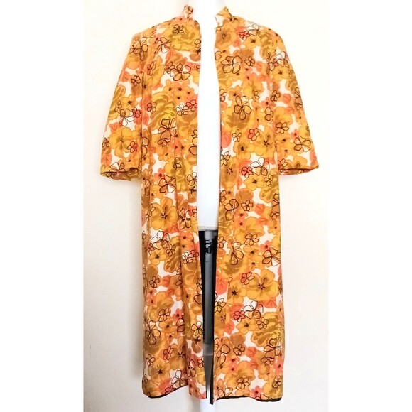 Vtg Hawaiian Barkcloth Handmade Midi Coat Gold Coral Floral Elbow  Sleeve Sz M - Picture 6 of 16